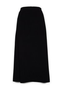 Zwarte midi-rok van een gladde, textuurstof. Heeft een hoge taille en een lichte A-lijn. Geen zichtbare patronen of hardware details.