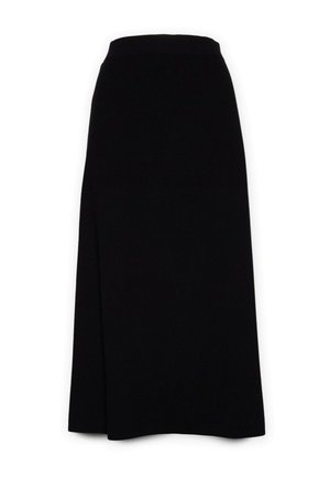 Zwarte midi-rok van een gladde, textuurstof. Heeft een hoge taille en een lichte A-lijn. Geen zichtbare patronen of hardware details.