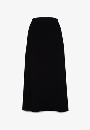 Zwarte midi-rok van een gladde, textuurstof. Heeft een hoge taille en een lichte A-lijn. Geen zichtbare patronen of hardware details.