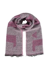Scarf a maglia in tonalità di rosa e grigio con motivi geometrici e frange lungo i bordi. Texture morbida, forma rettangolare.