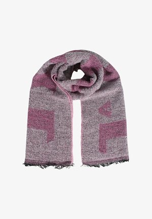Scarf a maglia in tonalità di rosa e grigio con motivi geometrici e frange lungo i bordi. Texture morbida, forma rettangolare.