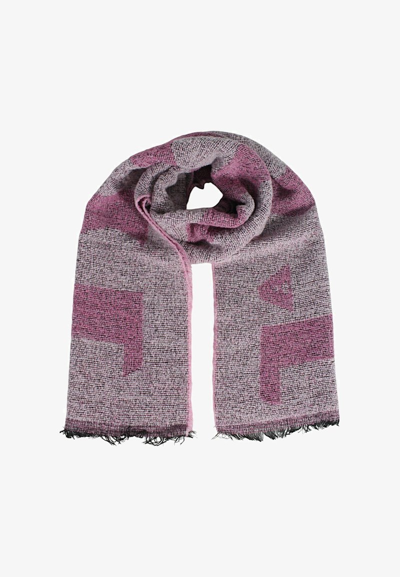 Scarf a maglia in tonalità di rosa e grigio con motivi geometrici e frange lungo i bordi. Texture morbida, forma rettangolare.