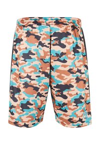 Kamuflasje-shorts laget av lett stoff, med et mønster av brunt, svart og turkis. Elastisk midje med en detalj i aksent.
