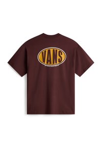 Burgundské tričko s krátkým rukávem. Na zadní straně se nachází velké oválné logo "VANS" v žluté a tmavě hnědé barvě. Vyrobeno z měkké bavlněné látky.