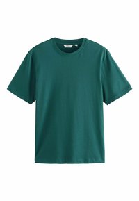 T-shirt verde turchese a maniche corte, con scollo rotondo, realizzato in tessuto morbido, con una texture uniforme e senza motivi o decorazioni visibili.