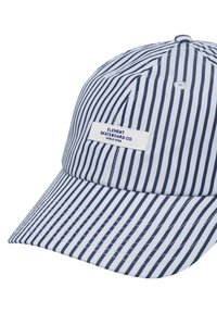 Gestreifte Baseballmütze aus navy und weißer Baumwolle, mit einem Logo-Patch auf der Vorderseite, einem gebogenen Schirm und genähten Details an der Spitze.