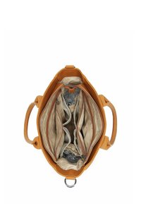 Oranžová kožená kabelka s texturovaným povrchem, disponující několika vnitřními přihrádkami a vzorovanou podšívkou v světlých barvách.