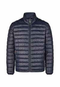 Dunkelblaue Daunenjacke mit hohem Kragen, gestepptem Design, Frontreißverschluss und seitlichen Taschen. Glattes, glänzendes Material mit subtiler Textur.