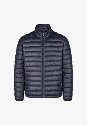 Dunkelblaue Daunenjacke mit hohem Kragen, gestepptem Design, Frontreißverschluss und seitlichen Taschen. Glattes, glänzendes Material mit subtiler Textur.