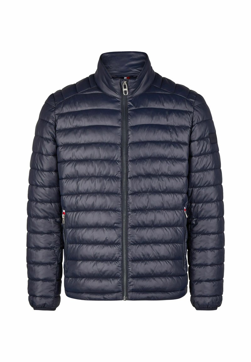 Dunkelblaue Daunenjacke mit hohem Kragen, gestepptem Design, Frontreißverschluss und seitlichen Taschen. Glattes, glänzendes Material mit subtiler Textur.