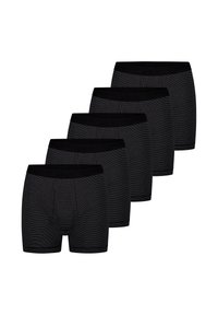 Czarne bokserki, z jednolitym kolorem i poziomym paskowanym wzorem, miękka tkanina i elastyczny pas. Pięć par ułożonych w rzędzie.