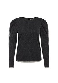 Maglia nera a maniche lunghe con scollatura rotonda, tessuto testurizzato, spalle a sbuffo e un bordo argentato lungo l'orlo e i polsini.