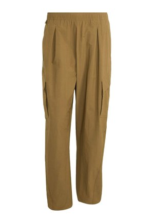 Pantalon marron à coupe ample avec taille élastique et poches cargo latérales, présentant des plis à l'avant pour un style décontracté.