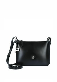 Schwarze Leder-Umhängetasche mit glatter Oberfläche, ausgestattet mit einem silbernen Logo-Accent und einem abnehmbaren Tragegurt. Reißverschluss oben.