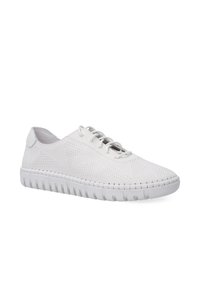 White lace-up sneakers with a breathable perforated upper, textured sole, and contrasting stitching detail on the edge.