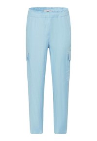 Light blue cargo pants with an elastic waistband, side pockets, and a relaxed fit. Made from a smooth, lightweight fabric.