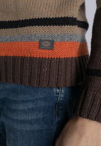 Gebreide trui met horizontale strepen in beige, grijs, oranje en bruin. Geribde mouwen en zoom met een klein merkembleem.
