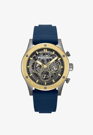 Orologio da polso uomo del marchio Police con lunetta color oro, quadrante meccanico nero, tre quadranti secondari e cinturino in silicone blu.