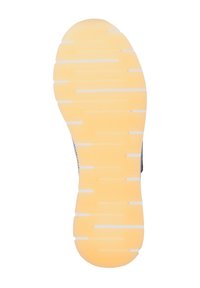 Gummisohle in Gelb mit weißen horizontalen Rillen und Kanten; strukturiert für besseren Halt. Verfügt über eine abgerundete Ferse und eine zulaufende Vorderseite.