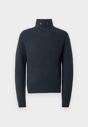 Suéter tricotado azul marinho com gola alta e quatro botões, apresentando uma textura canelada e punhos e barra ajustados.