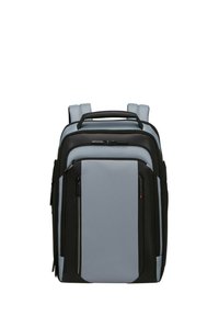Zaino in tessuto nero e grigio chiaro con spallacci imbottiti, multipli compartimenti con zip e una maniglia superiore per il trasporto.