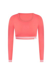 Korallenfarbenes Crop-Top mit langen Ärmeln aus elastischem Stoff. Verfügt über einen rundlichen Ausschnitt und gestreifte Akzente am Saum und an den Ärmeln.