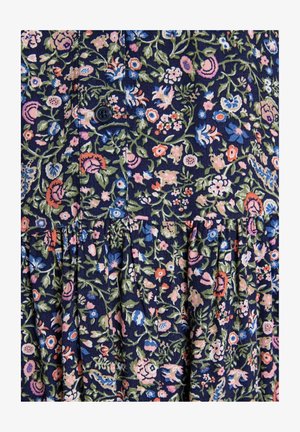 Florales Kleid mit dunkelblauem Hintergrund, das pinkfarbene, blaue und grüne Blumen zeigt. Knopfdetail oben und gesammelte Falten am Saum.