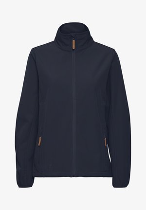 Marineblaue Softshell-Jacke mit hohem Kragen, durchgehendem Reißverschluss und seitlichen Taschen. Sie hat tanfarbene Akzente und eine glatte, strapazierfähige Textur.