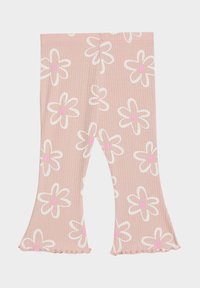 Różowe, prążkowane legginsy z białymi i różowymi wzorami kwiatowymi, rozszerzanymi nogawkami i falbaniastym brzegiem. Lekki i elastyczny materiał.