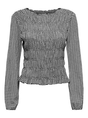 Melnā un baltā kārtojuma blūze ar garām piedurknēm, savilkumu ar elastīgu audumu, kvadrātveida kakla izgriezumu un volāniem pie jostas.