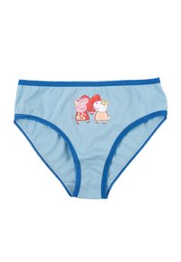 Hellblaue Baumwollunterwäsche mit einem Druck von zwei Cartoonfiguren. Akzentuiert mit blauen elastischen Besätzen und dekorativem Kantenstich.