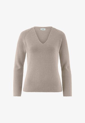 Beiger gestrickter Langarm-Pullover mit V-Ausschnitt und gerippter Struktur, flach ausgelegt mit sichtbarem Markenschild im Kragen.