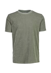 T-shirt olive verde a maniche corte realizzato in morbido cotone, dotato di colletto rotondo con un bordo a contrasto e una superficie liscia, leggermente texture.