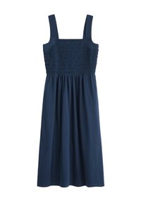 Smocked navy dress with wide straps, fitted bodice, and a flowing skirt. Made of soft fabric, featuring a smooth texture and knee-length design.