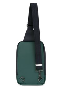 Borsa a spalla rettangolare verde e blu navy, realizzata in materiale liscio, con una ampia tracolla regolabile e dettagli in metallo argentato.