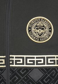 Černá mikina s kapucí na zip, která má zlaté kruhové logo s včelou a geometrický černo-zlatý vzor na spodní straně. Měkká texturovaná tkanina.
