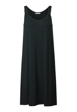 Svart ärmlös klänning med rundad halsringning, rynkade axelaccenter och en elegant A-linjeform, tillverkad av ett mjukt tyg.