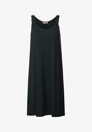 Czarna sukienka bez rękawów z okrągłym dekoltem, zebranymi akcentami na ramionach i zwiewnym fasonem w kształcie litery A, wykonana z gładkiego materiału.