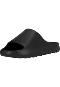 Sorte sklidesandaler lavet af glat gummi, med en bred åben tådesign og en tekstureret sål for godt greb.