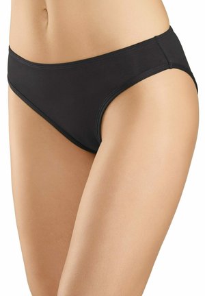 Zwarte bikini slip gemaakt van gladde stof, met een laag uitgesneden ontwerp en een gematigde dekking. Geen zichtbare patronen of versieringen.