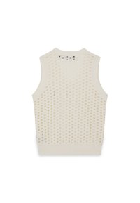 Top senza maniche in maglia di colore bianco sporco con un motivo a rete. Collo e orlo a coste con una finitura testurizzata. La vista posteriore mostra un design uniforme.