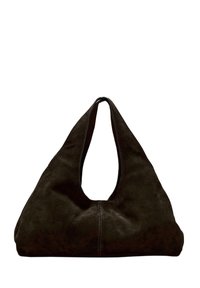 Brun mockaskinn hobo-väska med ett ovalt utskuret handtag och mjuk textur. Har en sömlös design och subtila sömmar längs botten.