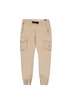 Pantalones cargo beige con pierna ajustada, cinturilla elástica, cordón y múltiples bolsillos. Hechos de una tela ligera con una textura suave.