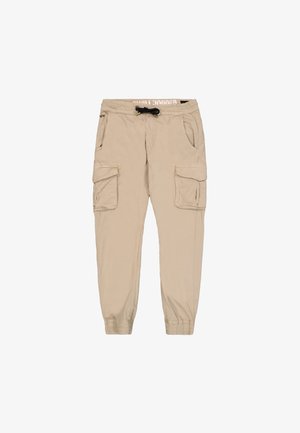 Beige Cargo-Hosen mit tapered Bein, elastischem Bund, Kordelzug und mehreren Taschen. Aus leichtem Stoff mit glatter Textur.