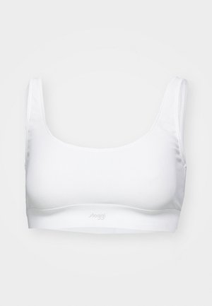 Witte naadloze bralette met brede banden, een vierkante halslijn en zacht materiaal. Heeft een logo aan de onderkant en geen zichtbare sluitingen.
