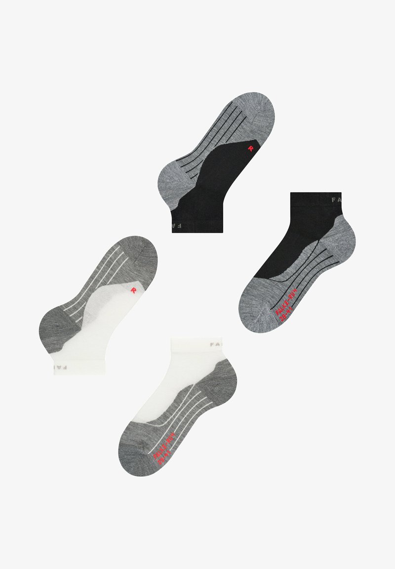 Vier Paare von Knöchelsocken: Die Farben umfassen Schwarz, Weiß und verschiedene Grautöne. Merkmale sind gestreifte Muster und kleine Marken mit rotem Logo.