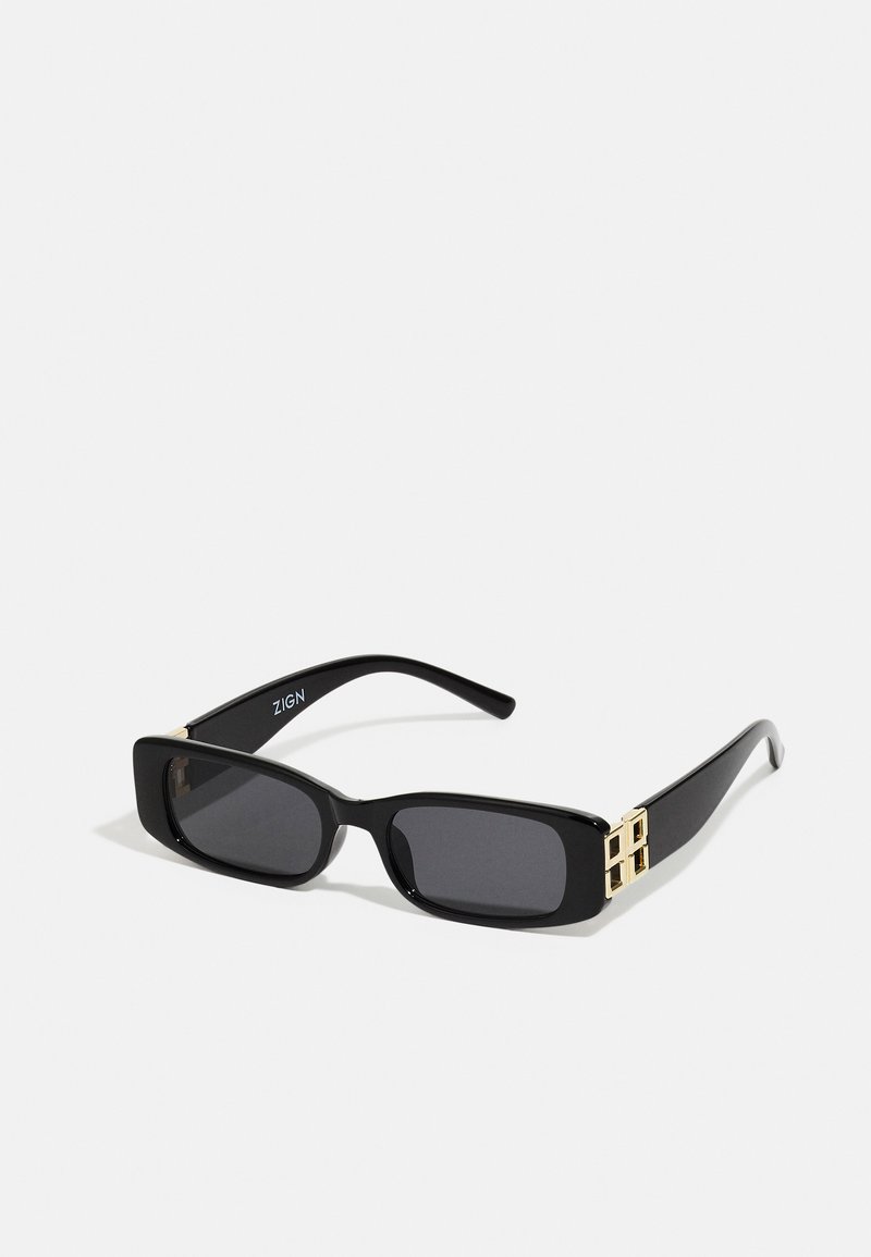 Black rectangular sunglasses with dark lenses, featuring a gold geometric design on the sides. Smooth plastic frames and glossy finish.