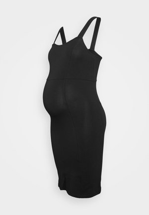 Robe de maternité noire avec bretelles spaghetti réglables, coupe ajustée, longueur genou, en tissu extensible, avec une fente latérale.