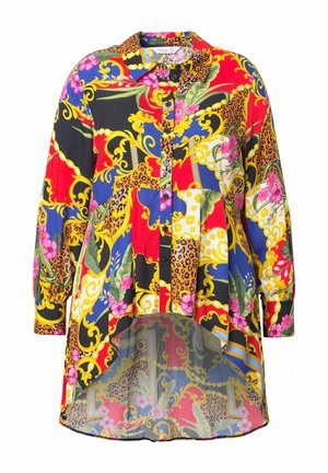 Colorful button-up shirt featuring bold floral, leopard, and baroque patterns in red, yellow, blue, and black. Long sleeves and curved hem.