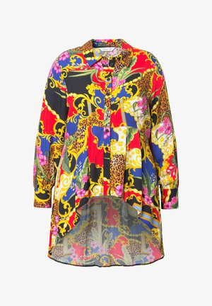 Camicia a maniche lunghe con bottoni colorata, decorata con audaci motivi floreali, leopardati e barocchi nei toni di rosso, giallo, blu e nero. Orlo curvo.